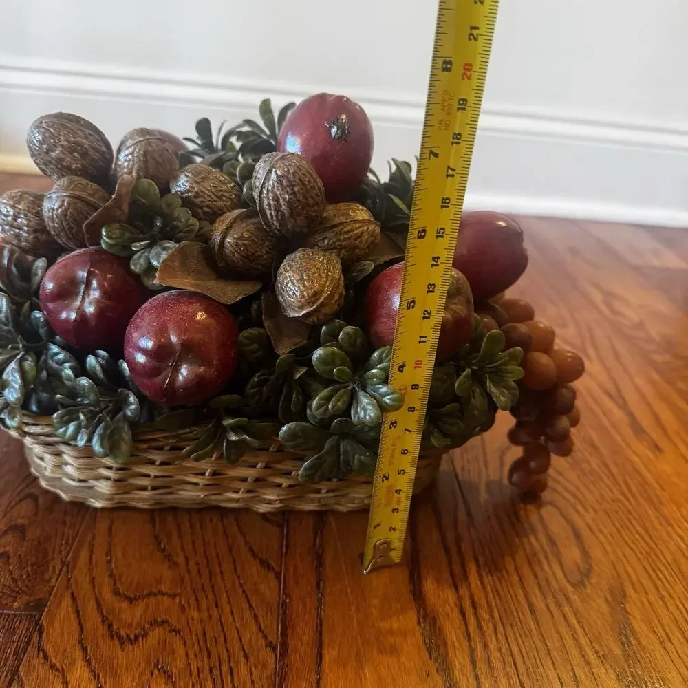 Vintage Plastic Fruit Arrangement Woven Basket Walnuts Apples Grapes Ladybug MCM